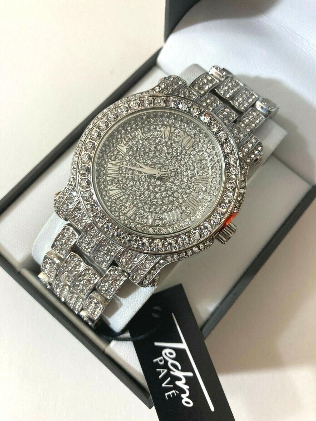 Techno Pave Men s Stainless Steel Iced Micro Pave Metal Band Watches 7341 103 Walmart