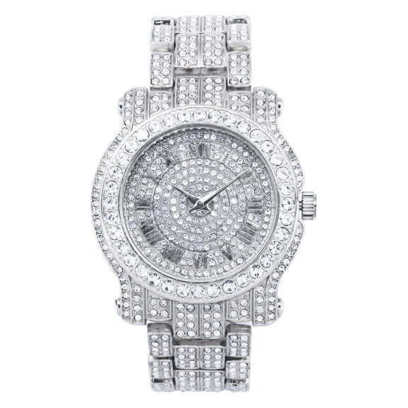 Techno Pave Mens 45mm Iced Diamond Roman Dial Watch - Silver Roman Dial