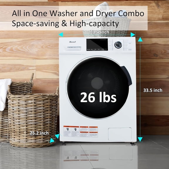 Smeta 2.7 Cu ft 26 lbs Washer and Dryer Ventless LED Display16 Cycles Front Load