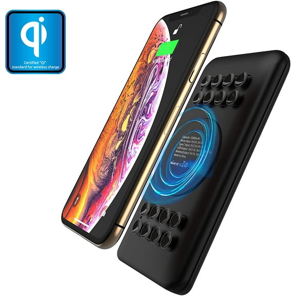 Techsmarter 12000mAh Wireless Power Bank Portable Charger with Anti-slip Suction Cups. For iPhone 14, 13, 12, SE, 11, XR, XS, X, 8, Samsung S22, S21, S20, S10, S9, LG ThinQ and More