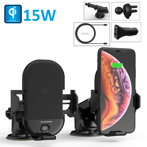 Techsmarter 15W Fast Charging Qi Wireless Car Phone Mount Holder & Charger, Automatic Open Close Clamps, Dashboard Air Vent. Compatible iPhone 11, XS, XR, X, 8 Samsung S20, S10, S9, S8, S7
