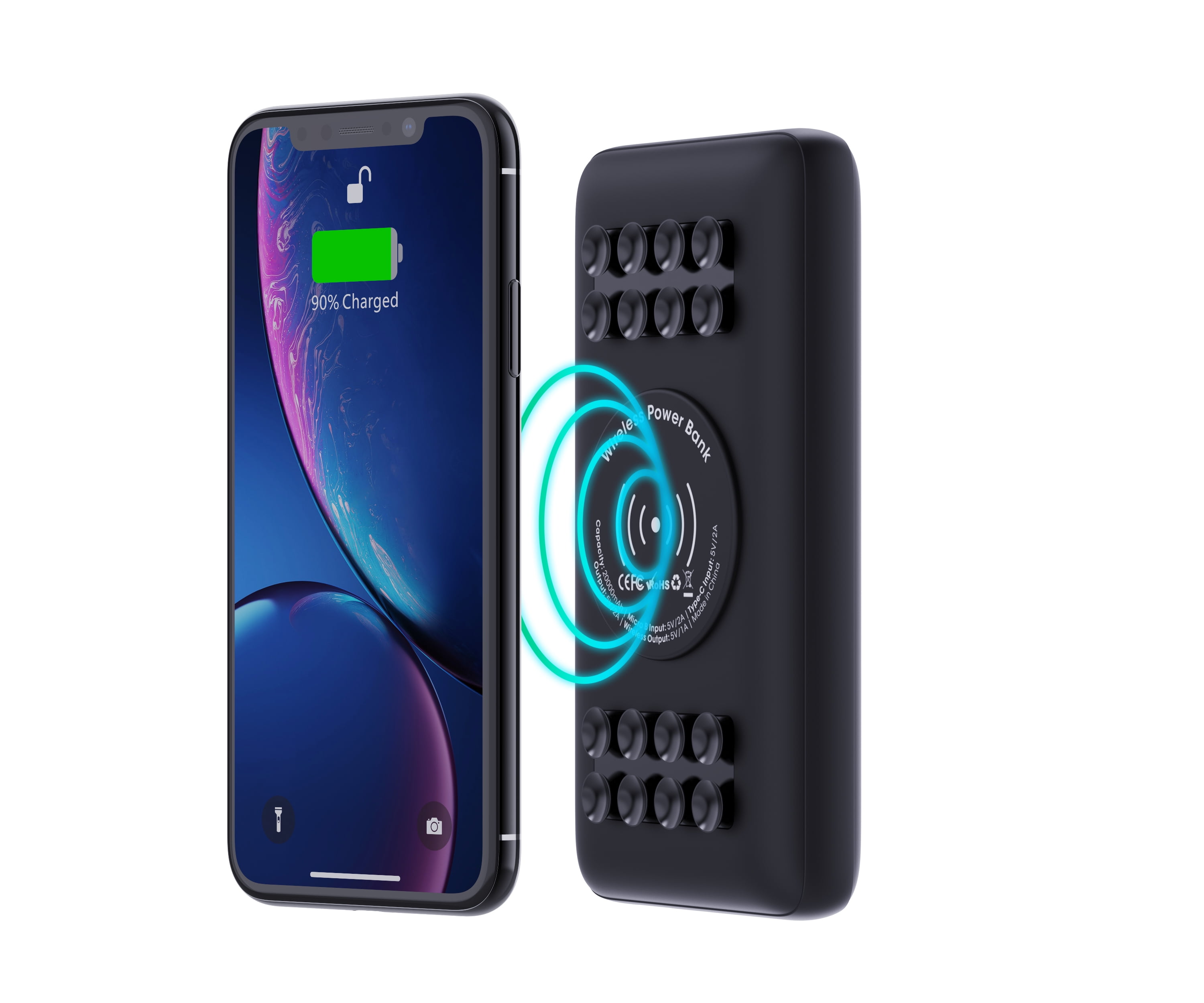 Techsmarter 20000mAh Qi Wireless Power Bank with Anti-slip Suction Cups, 18W USB-C Portable Charger. Compatible with iPhone 14, 13, 12, XS, X, XR, Samsung S22, S21, S20, S10, S9, LG ThinQ