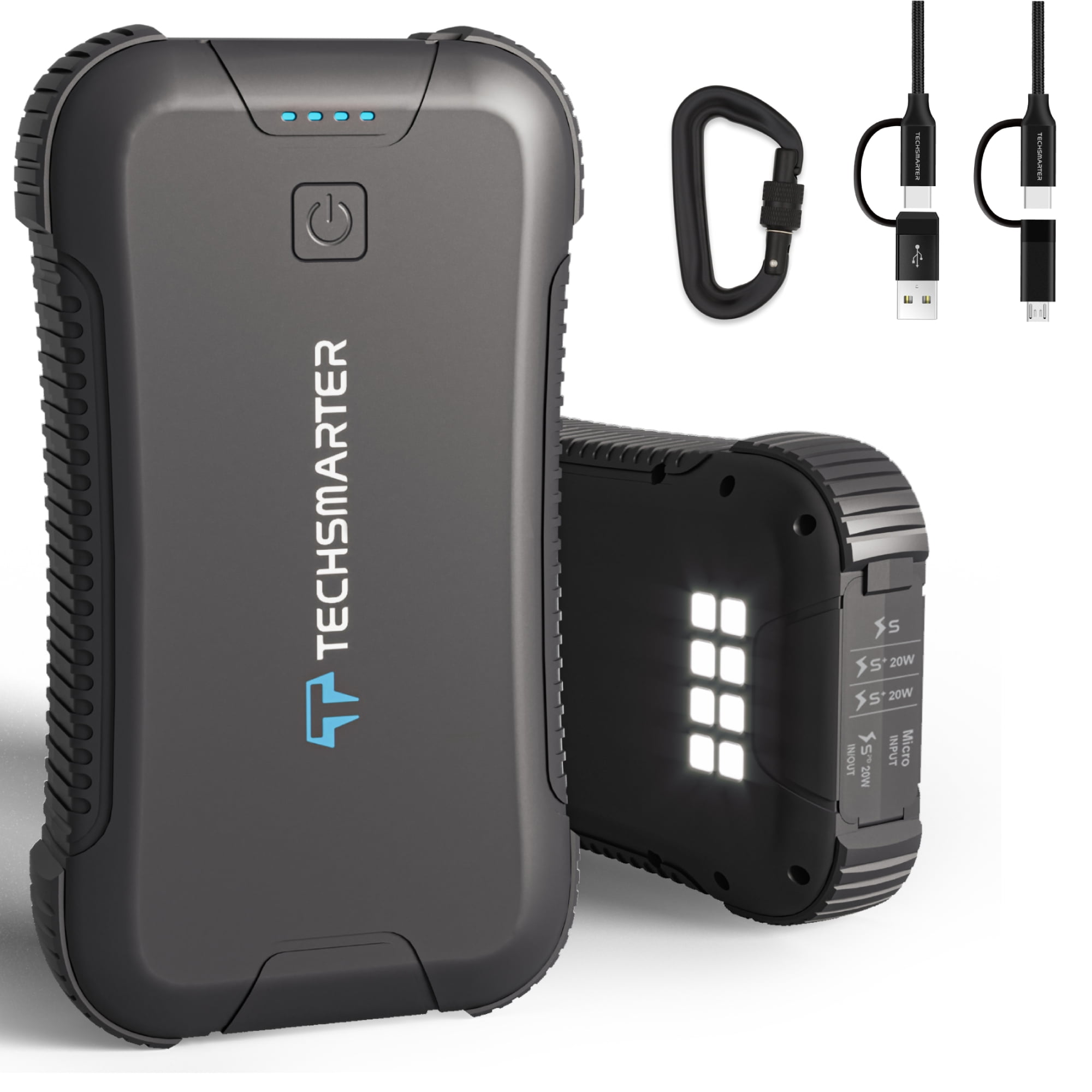 Techsmarter 30000mah Rugged & Waterproof 20W USB-C PD Power Bank. Fast Portable Charger Heavy Duty, Camping, Hiking, Outdoor with Flashlight. For iPhone, Samsung Galaxy, iPad, LG, Android, Tablets