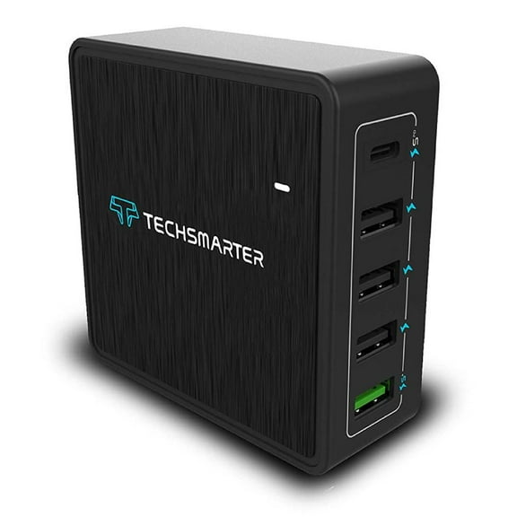 Techsmarter 5-Port Multi USB C PD Desktop Wall Charger Compatible iPhone, iPad, MacBook, Samsung Galaxy, Android, Pixel, LG, Motorola, XPS, Chromebook
