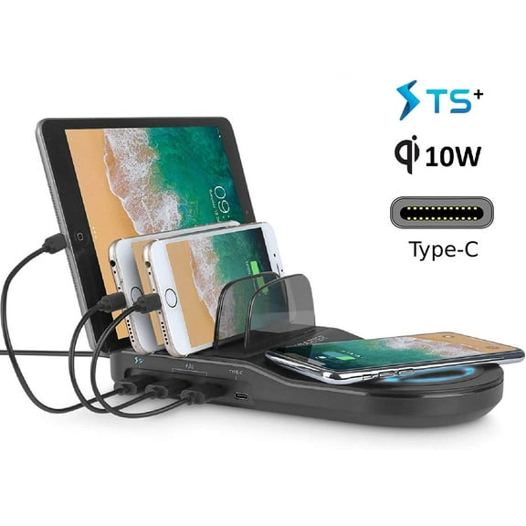 Techsmarter 5-Port USB-C Wireless Fast Charging Station for iPhone 15, 14, 13, 12, 11, Samsung S23, S22, S21, S20, S10, S9, LG ThinQ, Androids, Motorola and More