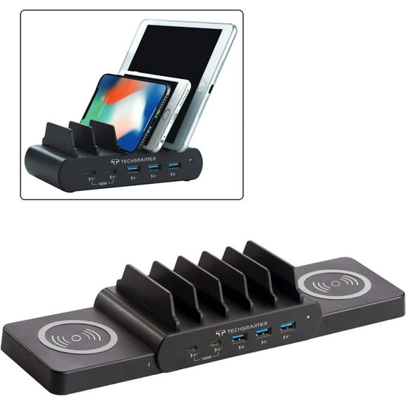 Techsmarter 7-Port Charging Station with 100W Dual USB-C PD, Dual 15W Wireless Charger, Three 18W Fast Charging USB Ports. Compatible with MacBook, iPad, iPhone, Samsung, Dell, HP, ThinkPad, Yoga