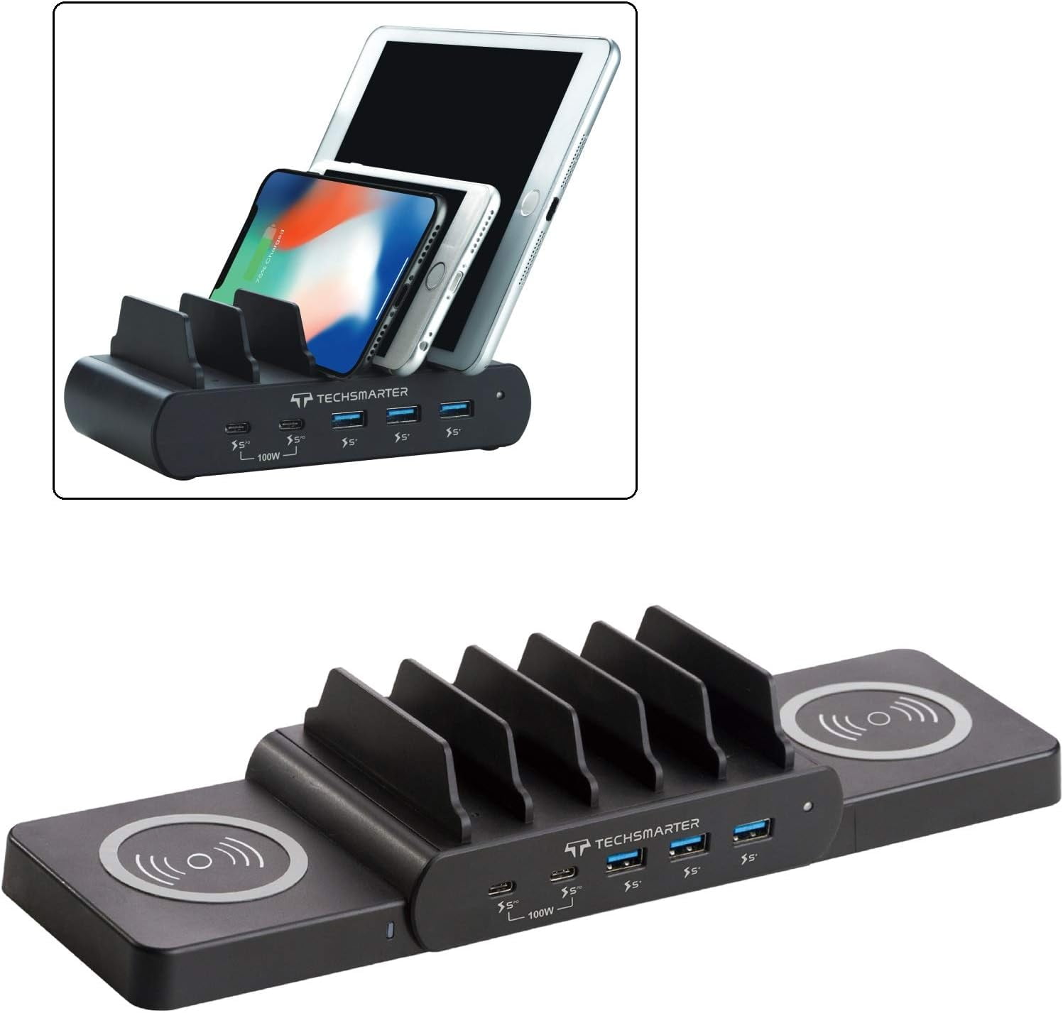 Techsmarter 7-Port Charging Station with 100W Dual USB-C PD, Dual 15W Wireless Charger, Three 18W Fast Charging USB Ports. Compatible with MacBook, iPad, iPhone, Samsung, Dell, HP, ThinkPad, Yoga