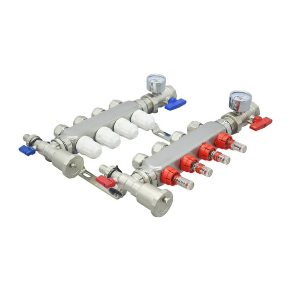 Techtongda 4-Branch PEX Radiant Floor Heating Manifold Set with Flow Meters Stainless Steel 1/2"