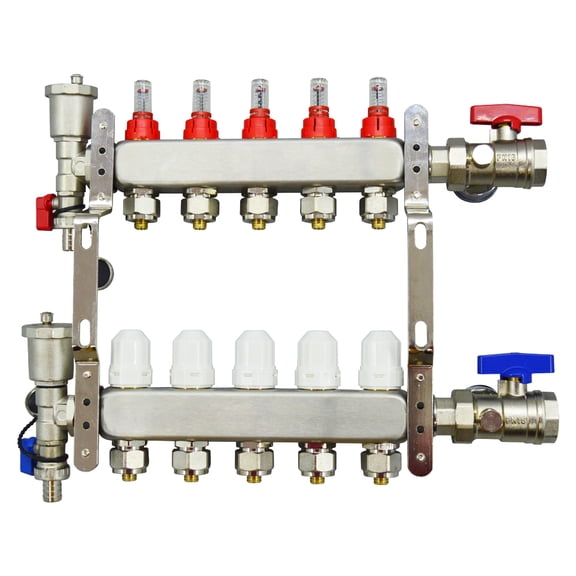 Techtongda 5-Branch PEX Radiant Floor Heating Manifold Set with Flow Meters Stainless Steel