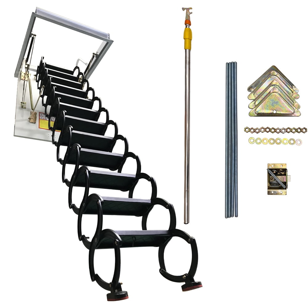 Techtongda Black Attic Pull Down Ceiling Ladder Stairs Loft Ladder Stair Carbon Steel 12 Steps