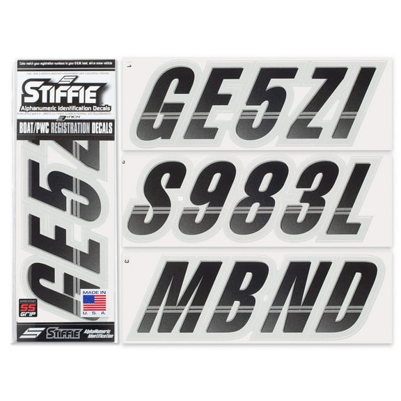 Techtron Black/Silver Super Sticky 3" Alpha Numeric Registration Identification Numbers Stickers Decals for Sea-Doo Spark, Inflatable Boats, Ribs, Hypalon/PVC, PWC and Boats.