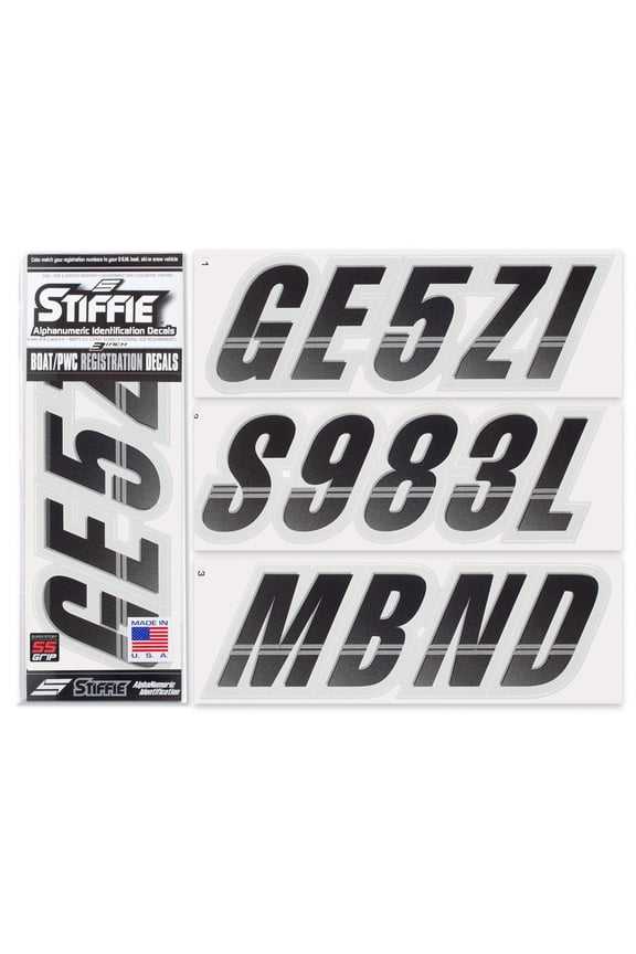 Techtron Black/Silver Super Sticky 3" Alpha Numeric Registration Identification Numbers Stickers Decals for Sea-Doo Spark, Inflatable Boats, Ribs, Hypalon/PVC, PWC and Boats.