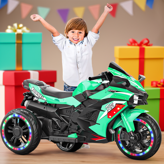 Techvida 12V Kids Ride on Motorcycle, Electric Trike Motorcycle for Boys Girls, LED Lights, Foot Pedal, Kids On Motorcycle for Boys Girls