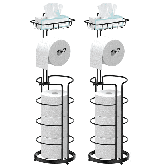 Techvida 2 Pack Toilet Paper Holder, Free Standing Toilet Roll Holder No Drilling, Bathroom Toilet Paper Stand with Shelf
