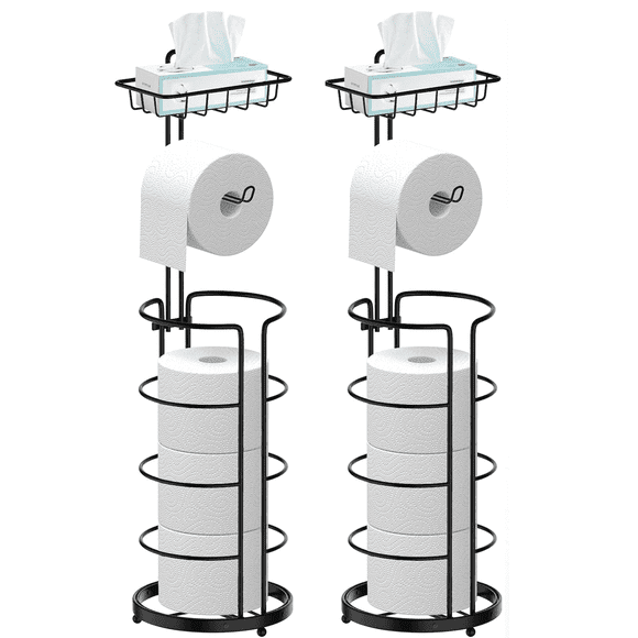 Techvida 2 Pack Toilet Paper Holder, Free Standing Toilet Roll Holder No Drilling, Bathroom Toilet Paper Stand with Shelf