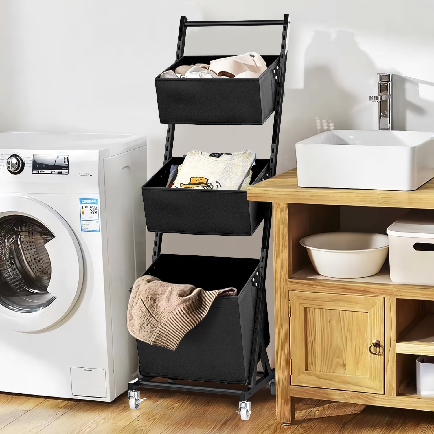 Techvida 3Tier Laundry Hamper Cart, Adjustable Laundry Basket Sorters