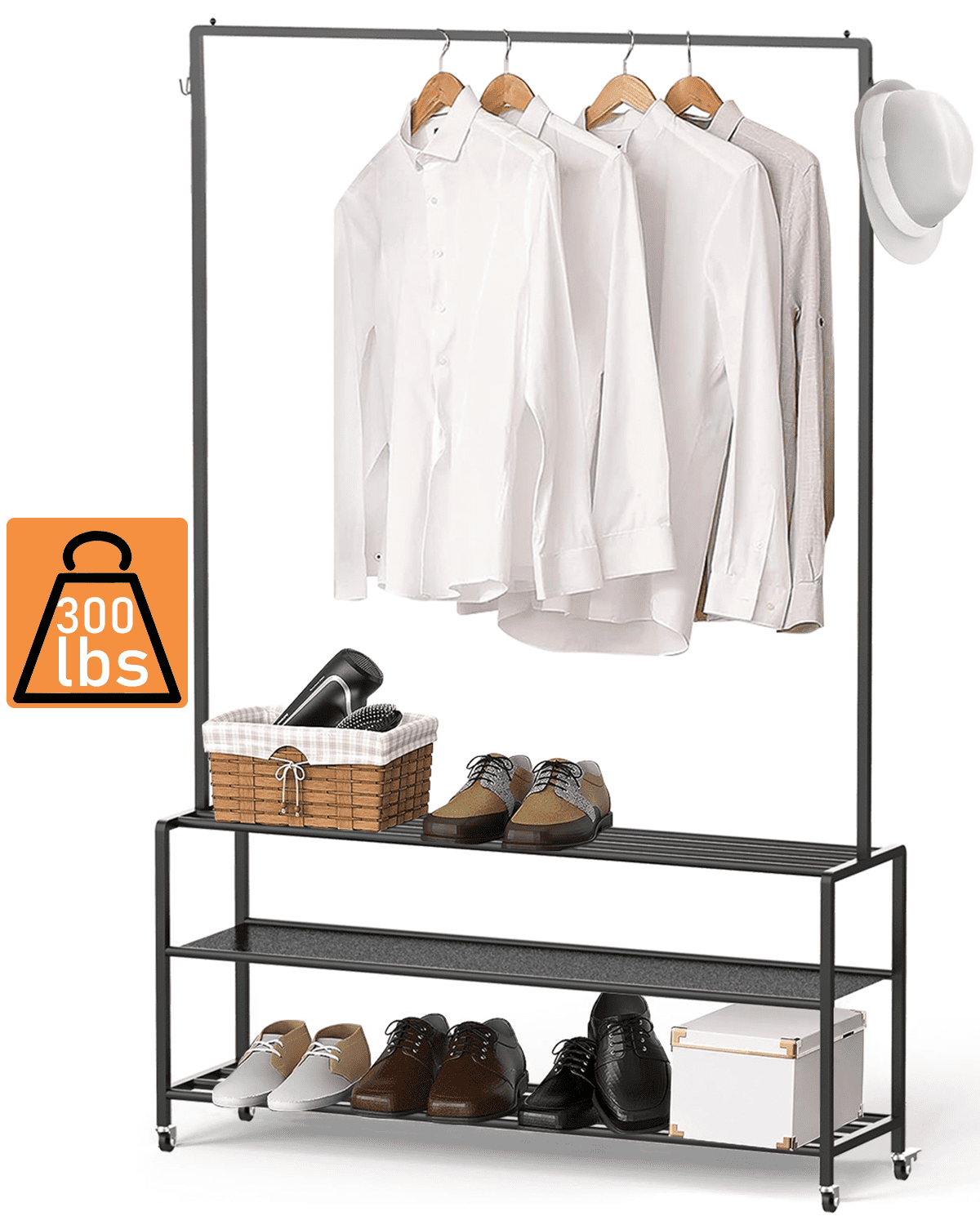 Techvida 300LBS Clothes Rack Heavy Duty Clothing Garment Rack Freestanding Rods Garment Rack with Wheels Multi Functional Bedroom Clothes Rack