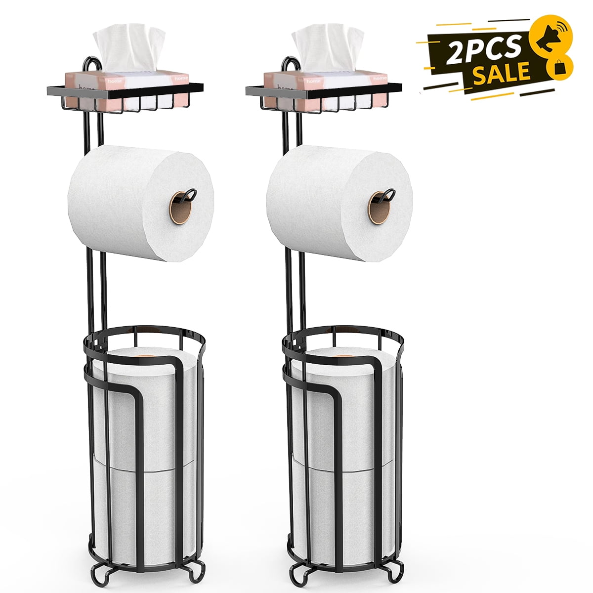 2 Pack Free Standing Toilet Paper Holder Stand, Toilet Tissue Paper Roll  Storage Holder with Shelf and Reserve for Bathroom Storage Holds Wipe,  Mobile Phone, Mega Rolls, Black