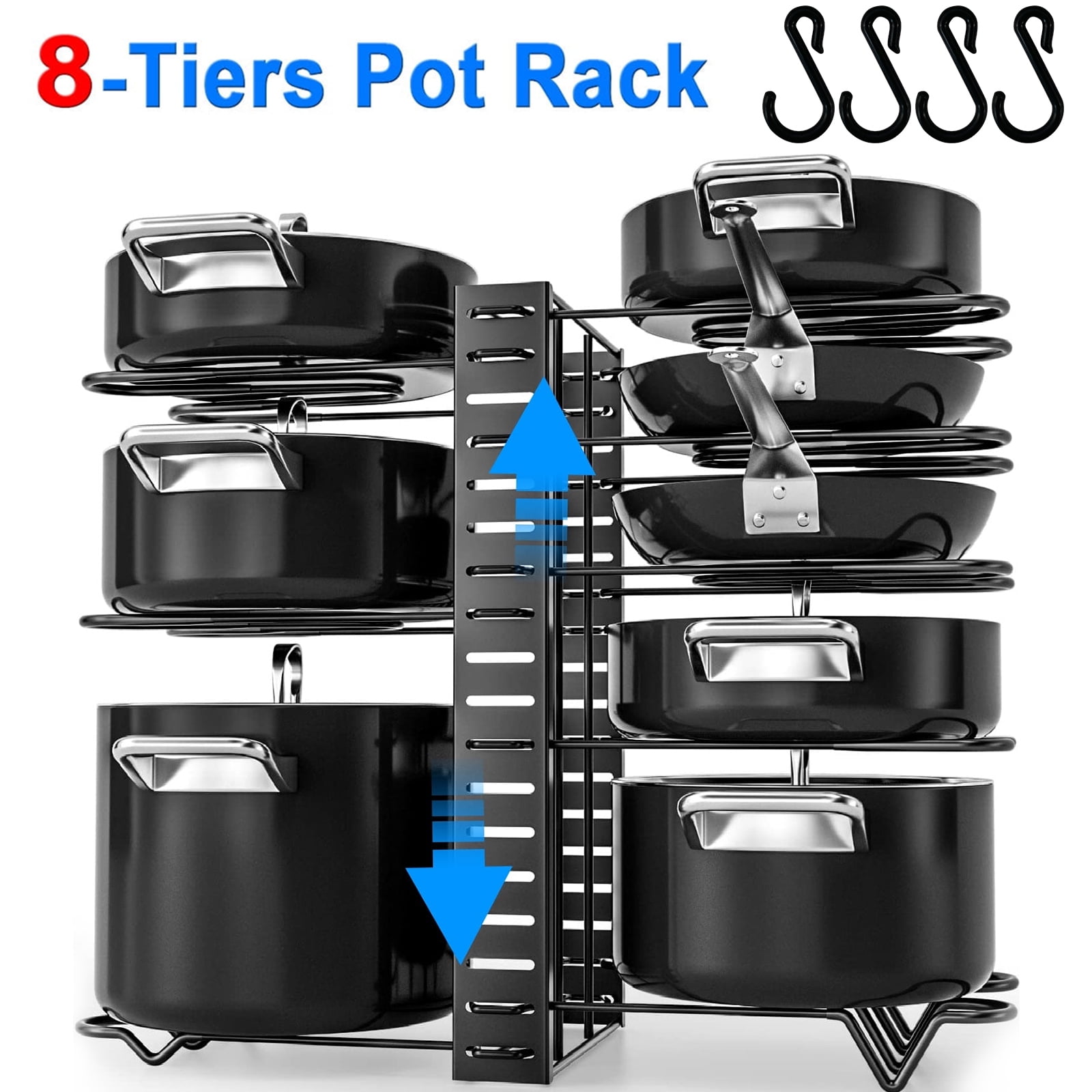 Pot Rack with 8 Hooks, Matte Black, 36.25 x 9 x 12 