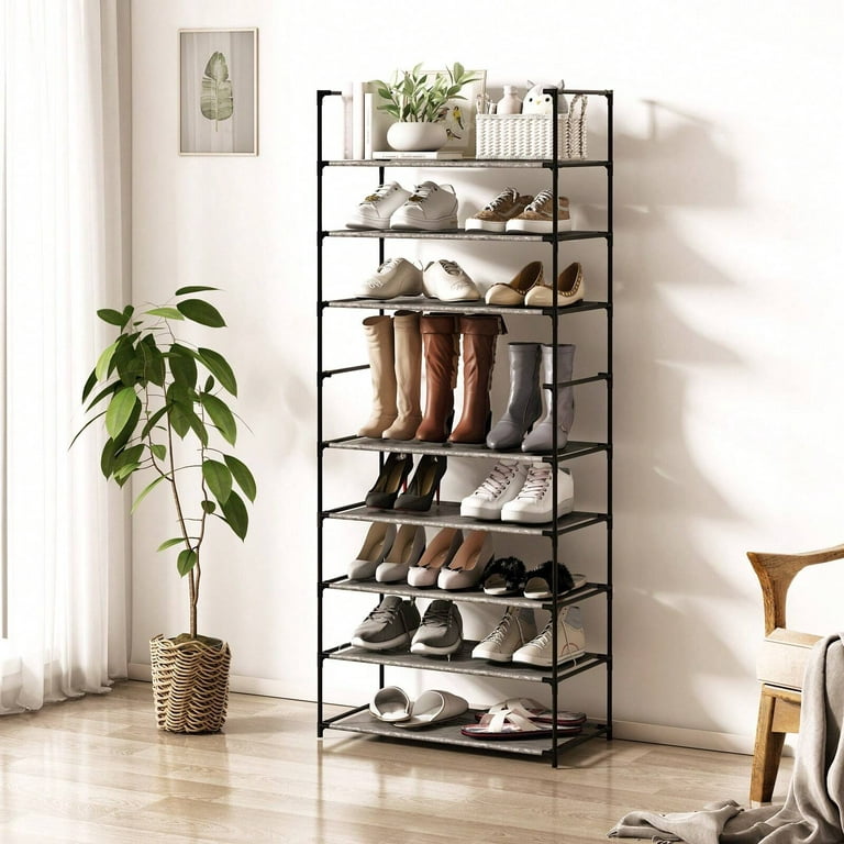 Narrow Shoe Rack, 8 Tier Tall Shoe Organizer with 7 Fabric Shelves, Metal  Frame, Shoe Storage