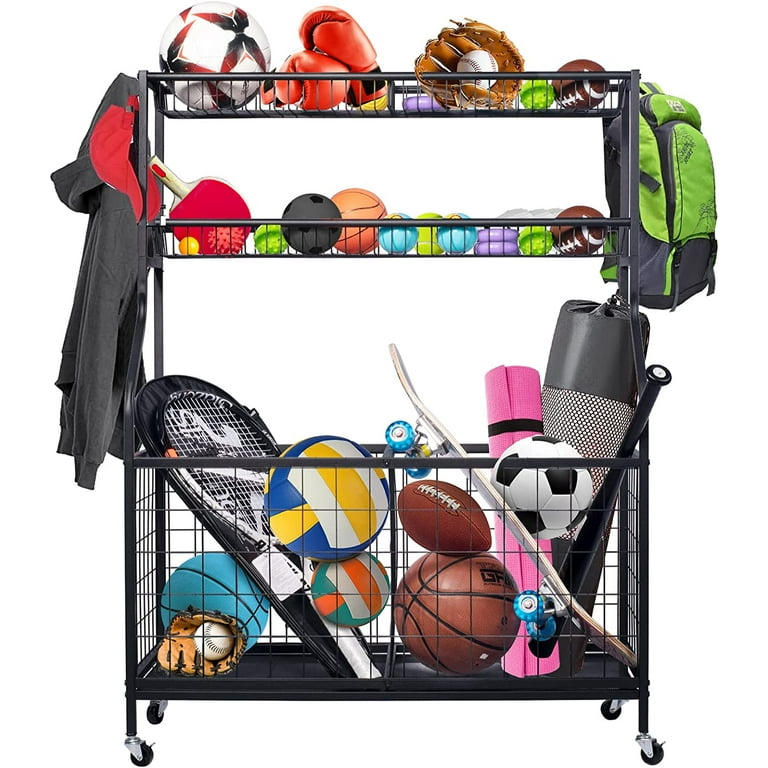 Techvida Sports Equipment Organizer, Ball Storage Rack, Garage Ball  Storage, Sports Gear Storage, Rolling Sports Ball Storage Cart 