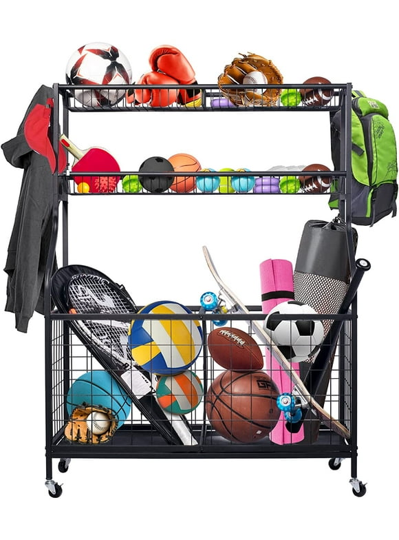 Techvida Sports Equipment Organizer, Ball Storage Rack, Garage Ball Storage, Sports Gear Storage, Rolling Sports Ball Storage Cart