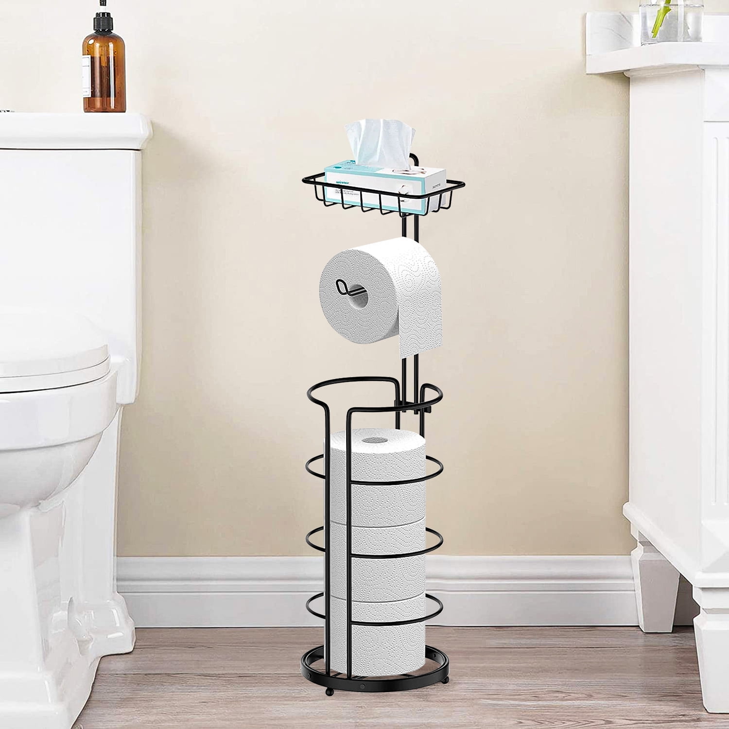 TomCare Toilet Paper Holder Toilet Paper Stand with Raised Feet Metal Bathroom Accessories Tissue Paper Dispenser Free Standing