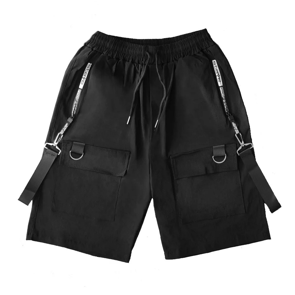 Men's Streetwear Techwear Cargo Shorts With Buckle Straps - Punk Gothic Style Drawstring Shorts