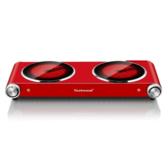 Techwood 1800W Electric Hot Plate Cooktop for Cooking,Infrared Ceramic Countertop Stove Top 2 Burners,Stainless Steel Portable Electric Burner,Knob Control,Easy To Clean(Red)