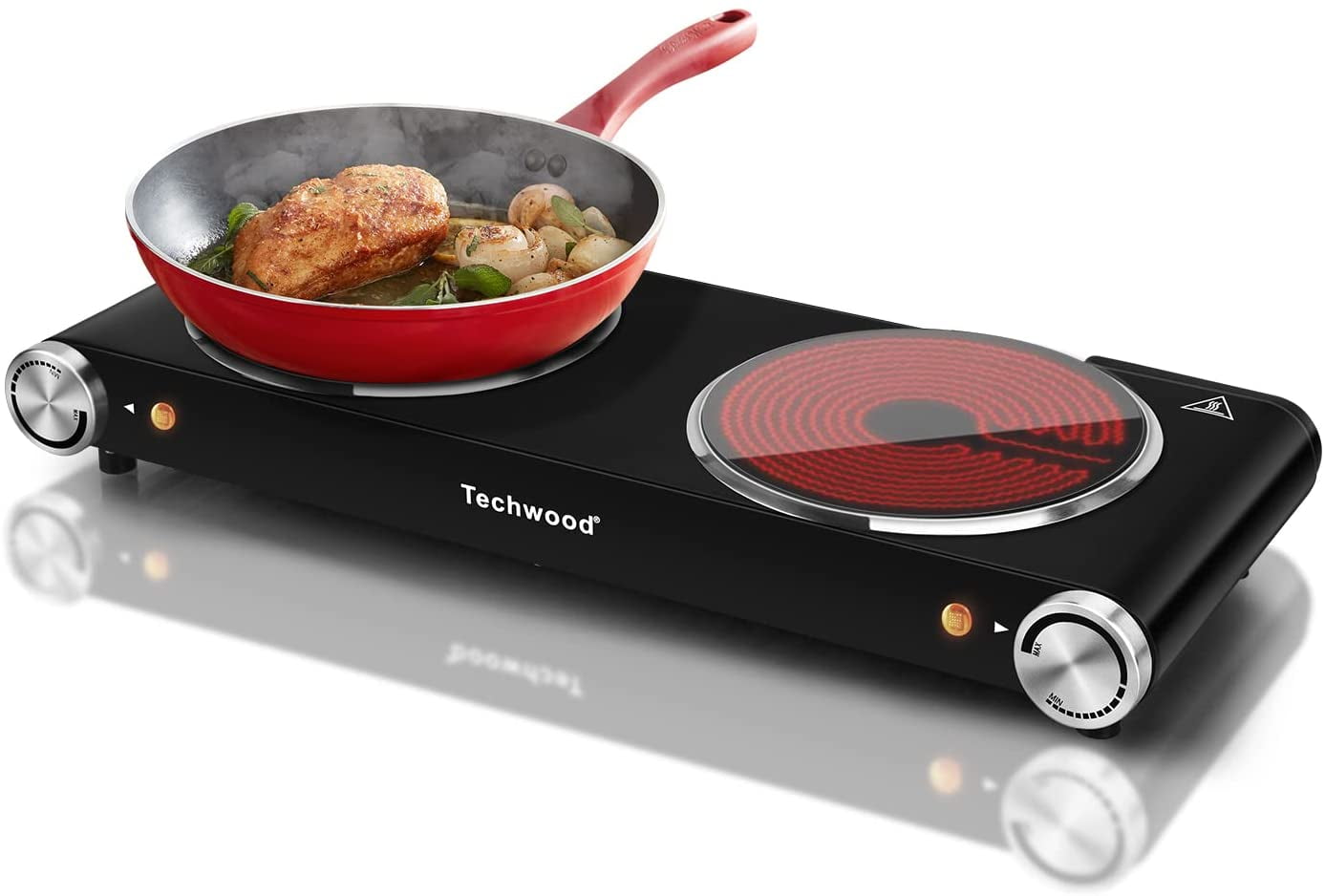 Hot Plate, Techwood 1800W Portable Electric Stove for Cooking Countertop  Dual Burner with Adjustable Temperature & Stay Cool Handles, 7.5” Cooktop  for Home/RV/Camp, Compatible for All Cookware, Red 