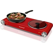 Techwood 1800W Electric Hot Plate, Countertop Stove Double Burner for Cooking, Infrared Ceramic Hot Plates Double Cooktop, Red, Brushed Stainless Steel Easy To Clean Upgraded Version