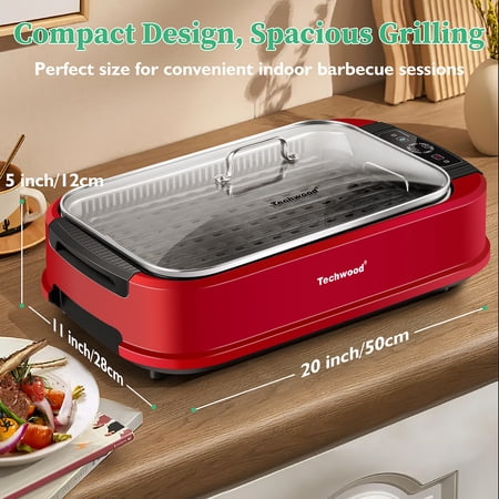 Techwood Stainless Steel Electric Contact Grills - Temperature Control, Smoke Extractor, Drip Tray, LED Panel