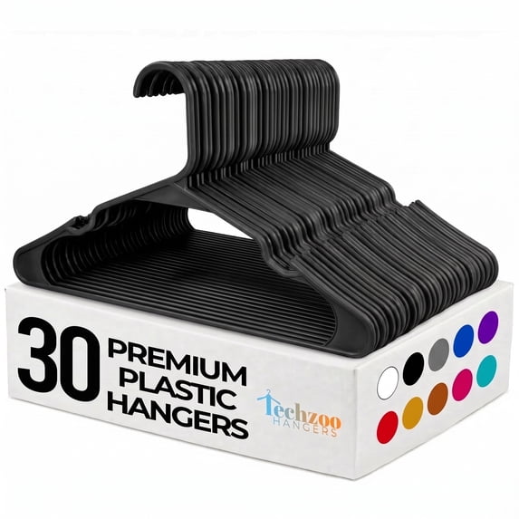 Techzoo 30 Pack Premium Black Plastic Hangers - Non Slip Plastic Clothes Hangers, Ultra Thin Hangers for Closet, Heavy Duty Coat Hanger Space Saving, Ideal for Suits, Shirts, Pants