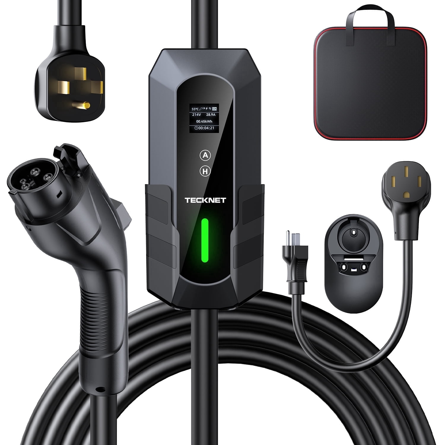 Tecknet 32A Level 1/Level 2 Portable EV Charger with LCD Touch Screen & APP Control - NEMA 14-50 and 5-15 Plugs Included, J1772 Compatible for Electric Vehicles