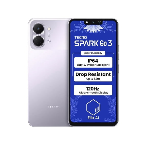 Tecno Spark 3 GO Ai 4G LTE (64GB + 4GB) (Compatible with Tmobile Mint Tello Boost Mobile and Worldwide) Dual SIM 6.74" 13MP Camera Model KN3 (PURPLE)