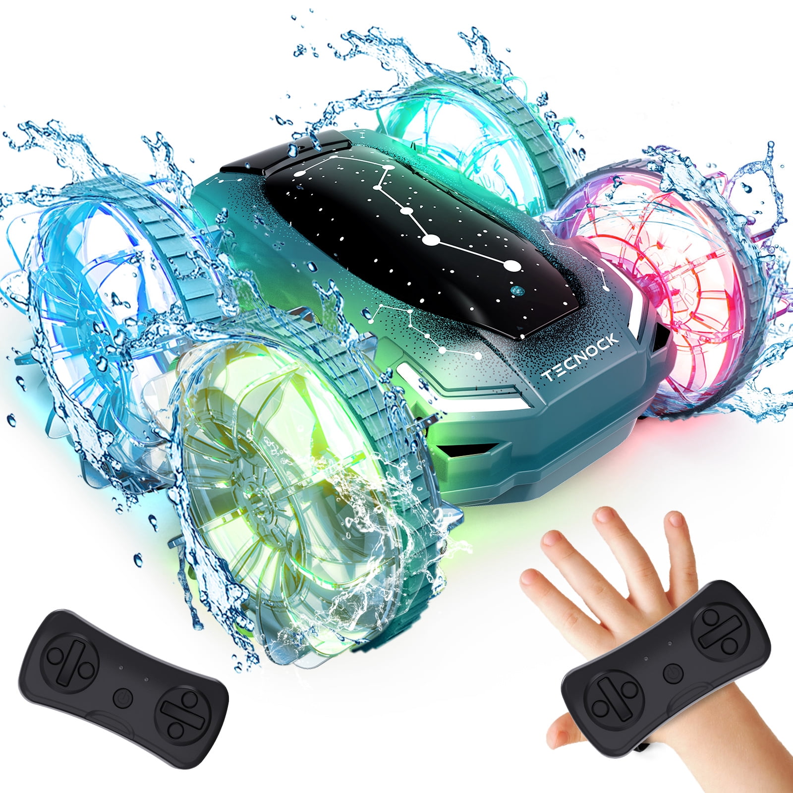 Tecnock Amphibious Remote Control Car Boat, 4WD Gesture RC Cars with Magnetic Charging, 60 Min Playtime, LED Lights, Pool Toys for Kids Ages 6-12, Gift Toys for Boys Girls