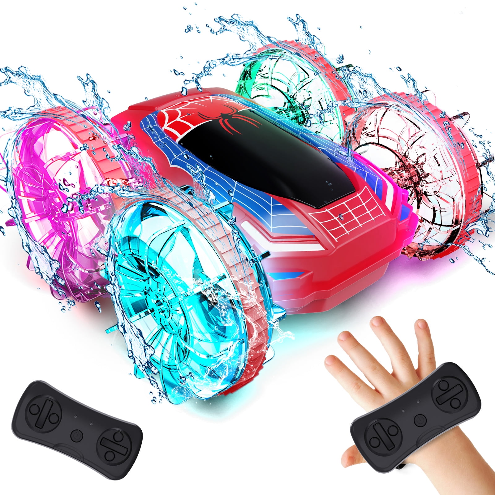 Tecnock Spider Amphibious Remote Control Car, 4WD Gesture RC Cars Boats with Magnetic Charging, 60 Min Playtime, LED Lights, Pool Toys for Kids