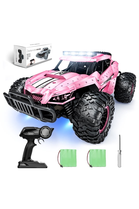 Pink RC Car 1/16 Scale Remote Control Car for Girls, High Speed 20+ KM/H All Terrains Rc Monster Truck with Two Rechargeable Batteries & Head Chassis Lights Gift Toy for Kids Adults