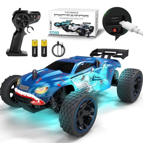 Tecnock RC Cars for Kids, 1:18 Scale 2WD Off-road Remote Control Car with USB-C Easy Charging, 2.4GHz RC Trucks with LED Lights & 50 Mins Playtime