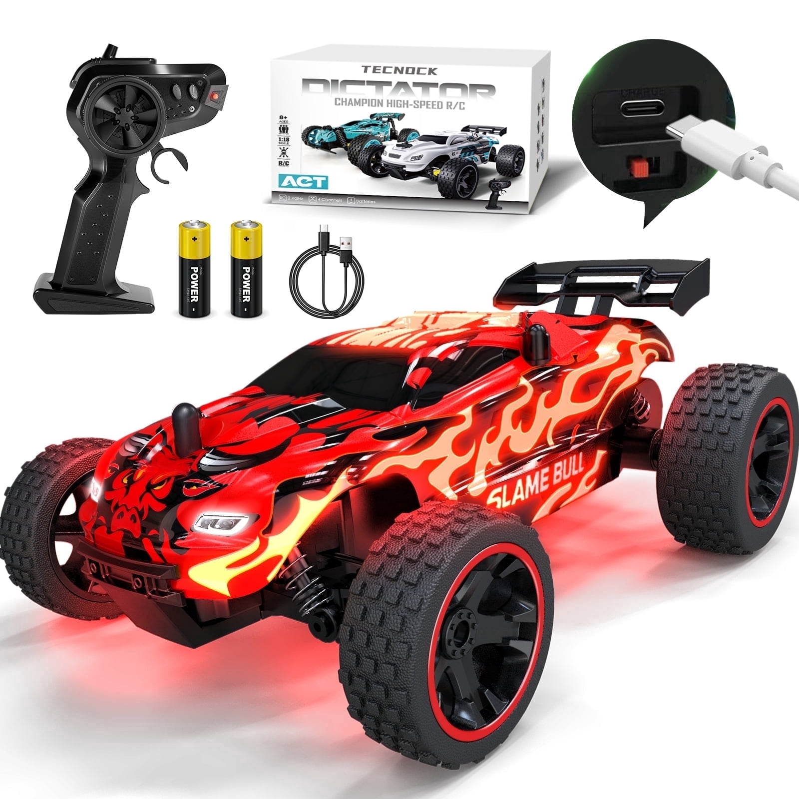 Tecnock RC Trucks for Kids, 1:18 Scale 2WD RC Cars with USB-C Easy Charging, 2.4GHz Remote Control Car with LED Lights & 50 Mins Playtime, Toys Gifts