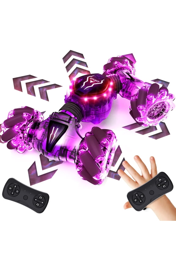 Remote Control Car for Boys Girls, 2.4GHz 4WD Gesture Sensing RC Stunt Car Toys - 360° Rotating Double Sided Hand Controlled RC Cars with LED Lights, Gifts for Kids Ages 6-8, 8-12, Purple