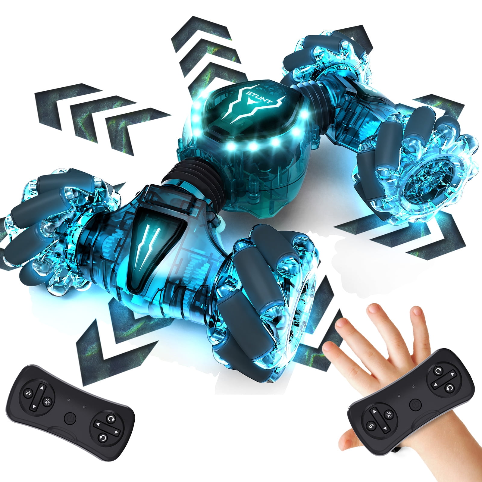 Tecnock Remote Control Car for Boys Girls, 2.4GHz 4WD Gesture Sensing RC Stunt Car Toys - 360° Rotating Double Sided Hand Controlled RC Cars with LED Lights, Gifts for Kids Ages 6-8, 8-12, Green