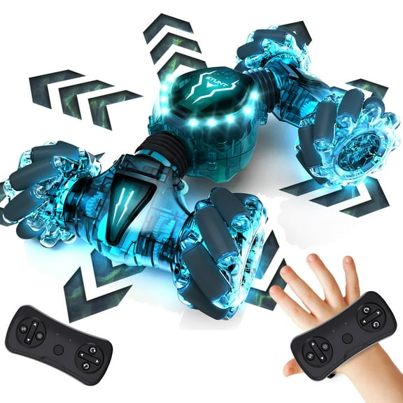 Tecnock Remote Control Car for Boys Girls, 2.4GHz 4WD Gesture Sensing RC Stunt Car Toys - 360° Rotating Double Sided Hand Controlled RC Cars with LED Lights, Gifts for Kids Ages 6-8, 8-12, Green