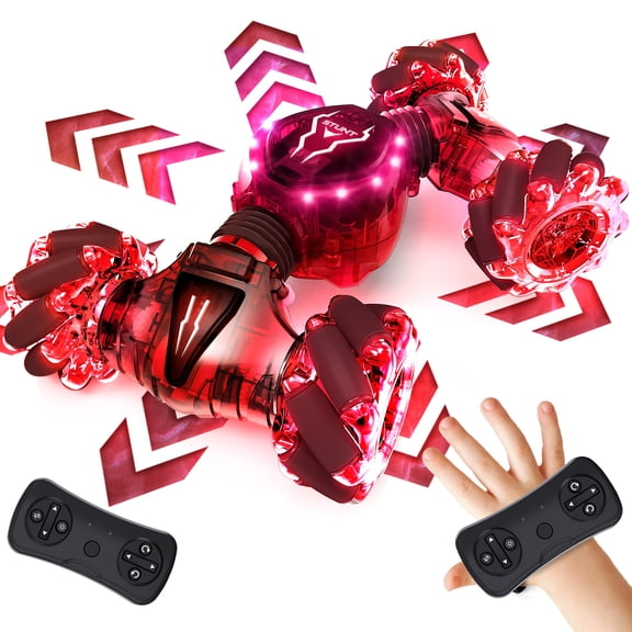 Tecnock Remote Control Car for Boys Girls, 2.4GHz 4WD Gesture Sensing RC Stunt Car Toys - 360° Rotating Double Sided Hand Controlled RC Cars with LED Lights, Gifts for Kids Ages 6-8, 8-12, Red
