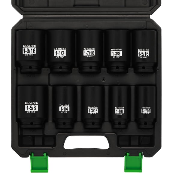 TecoTek 1/2" Drive Deep 6-Point Impact Socket Set, 10-Piece Deep SAE Spindle Axle Nut Impact Socket Set, Cr-Mo, 1-1/16-Inch to 1-5/8-Inch Size, Enhanced Storage Case