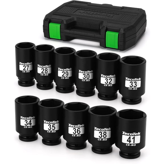 TecoTek 1/2" Drive Deep 6-Point Impact Socket Set, 11-Piece Deep Metric Spindle Axle Nut Impact Socket Set, Cr-Mo, 27mm - 41mm