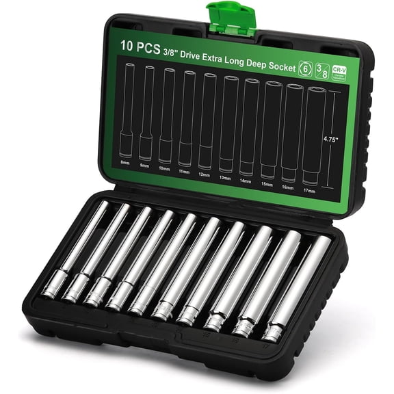 TecoTek 10PCS 3/8-Inch Drive Extra Deep Metric Socket Set, 6 Point, 8mm to 17mm, No Skipped Sizes, 120MM Deep CR-V Socket for Automotive and Industrial Applications