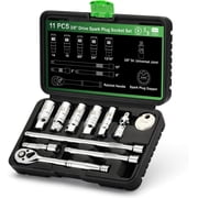 TecoTek 11-Piece 3/8" Drive Spark Plug Socket Set with Ratchet Handle, Extension Bars & Universal Joint, CR-V Steel 6-Point Sockets with Rubber Retainers