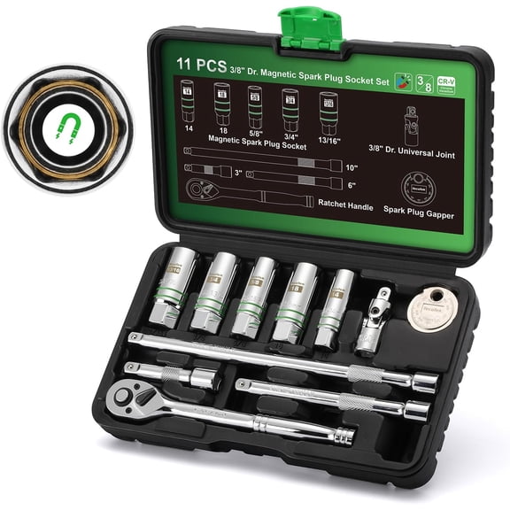 TecoTek 11-Piece Magnetic Spark Plug Socket Set with 3/8" Drive Ratchet Handle, Spark Plug Gapper, Universal Joint and Extension Bar, 5/8", 3/4", 13/16", 14mm, 18mm