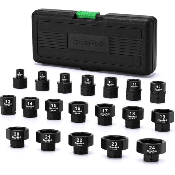 TecoTek 19-Piece 3/8-Inch Drive Metric Low Profile Impact Socket Set, Stubby Socket Set, 6mm-24mm, No Skips Sizes, 6 Point, Cr-Mo, Shorter Socket for Tight Areas